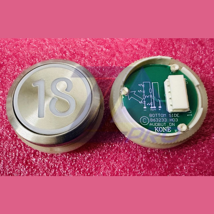 Кнопка приказа "18" круглая, серебристая поверхность, AVDBUT, красная подсветка, KM863050G005H018 Kone
