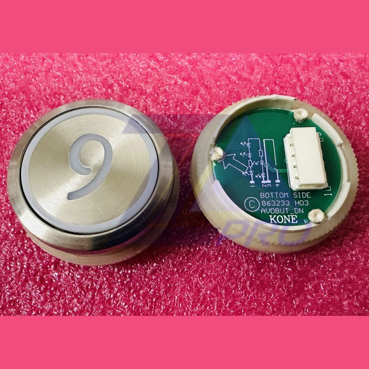 Кнопка приказа "9" круглая, серебристая поверхность, AVDBUT, красная подсветка, KM863050G005H009 Kone